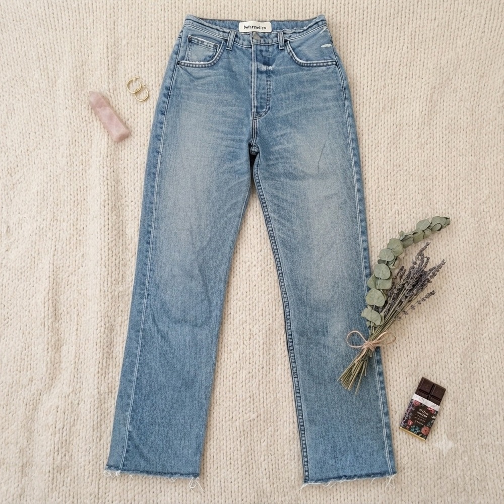 Reformation High Rise Straight Leg Jeans Blue Raw Hem Button Fly Size 25